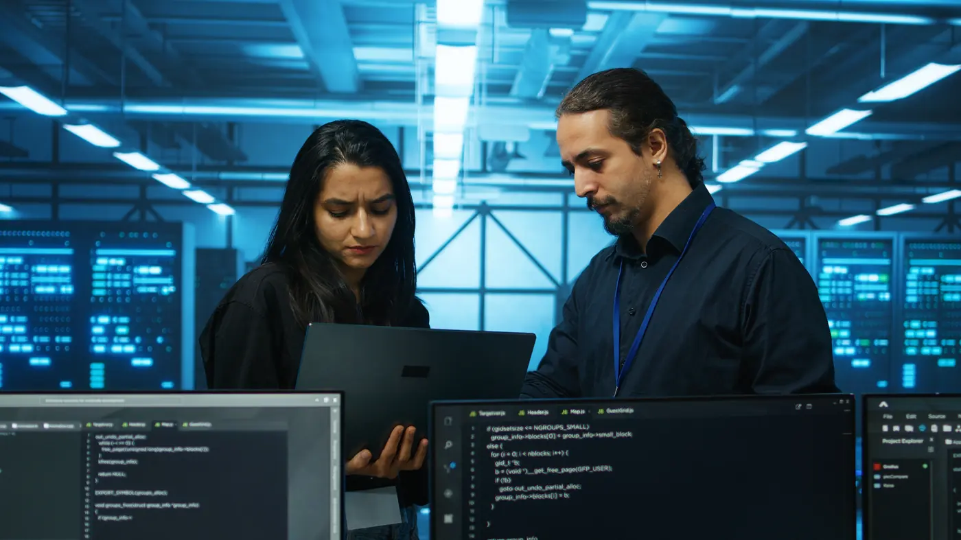 Técnicos analisando servidores em um data center